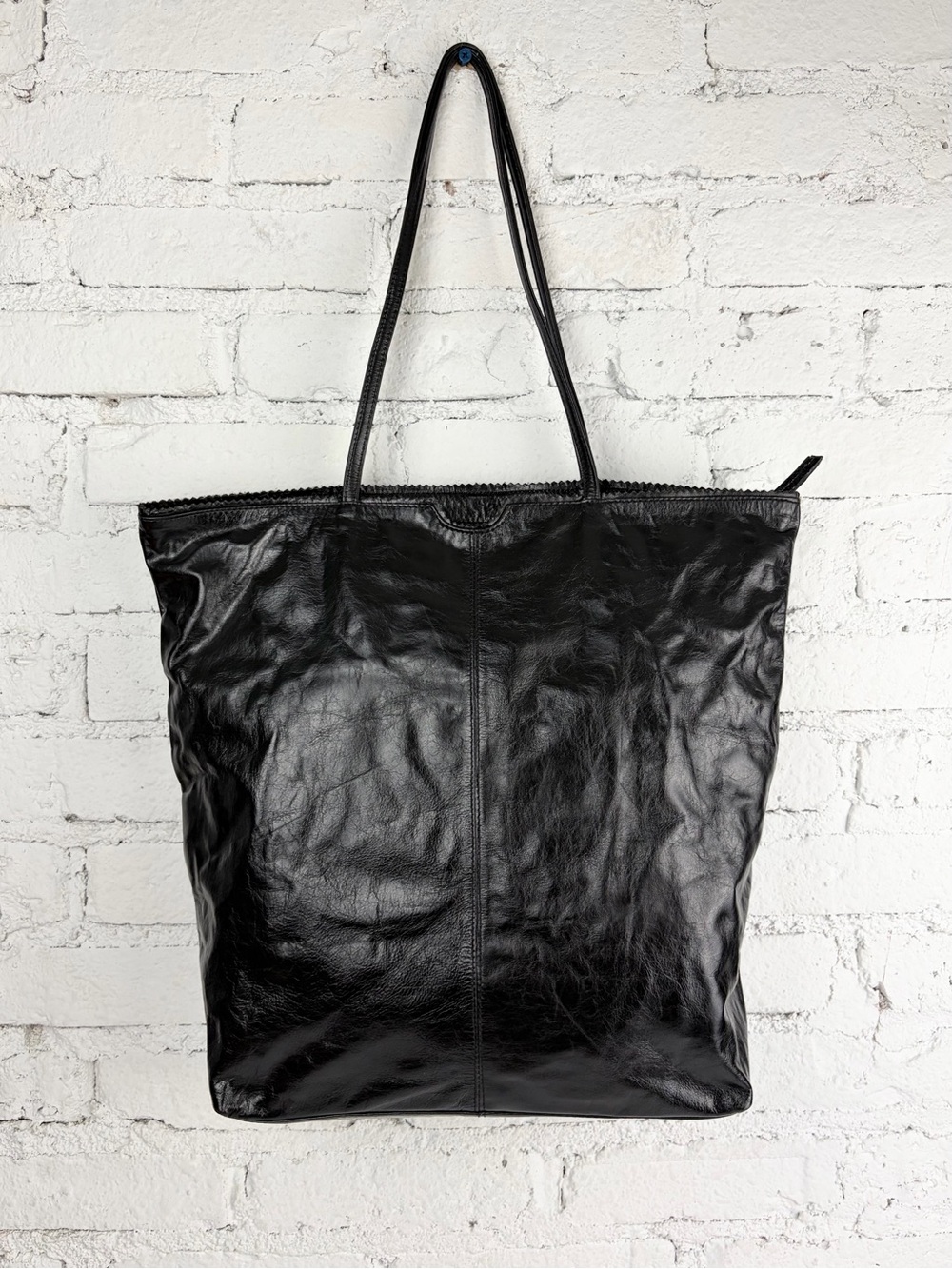 Latico Nora Black Glossy Leather Large Shoulder Zip Top Tote Bag Purse